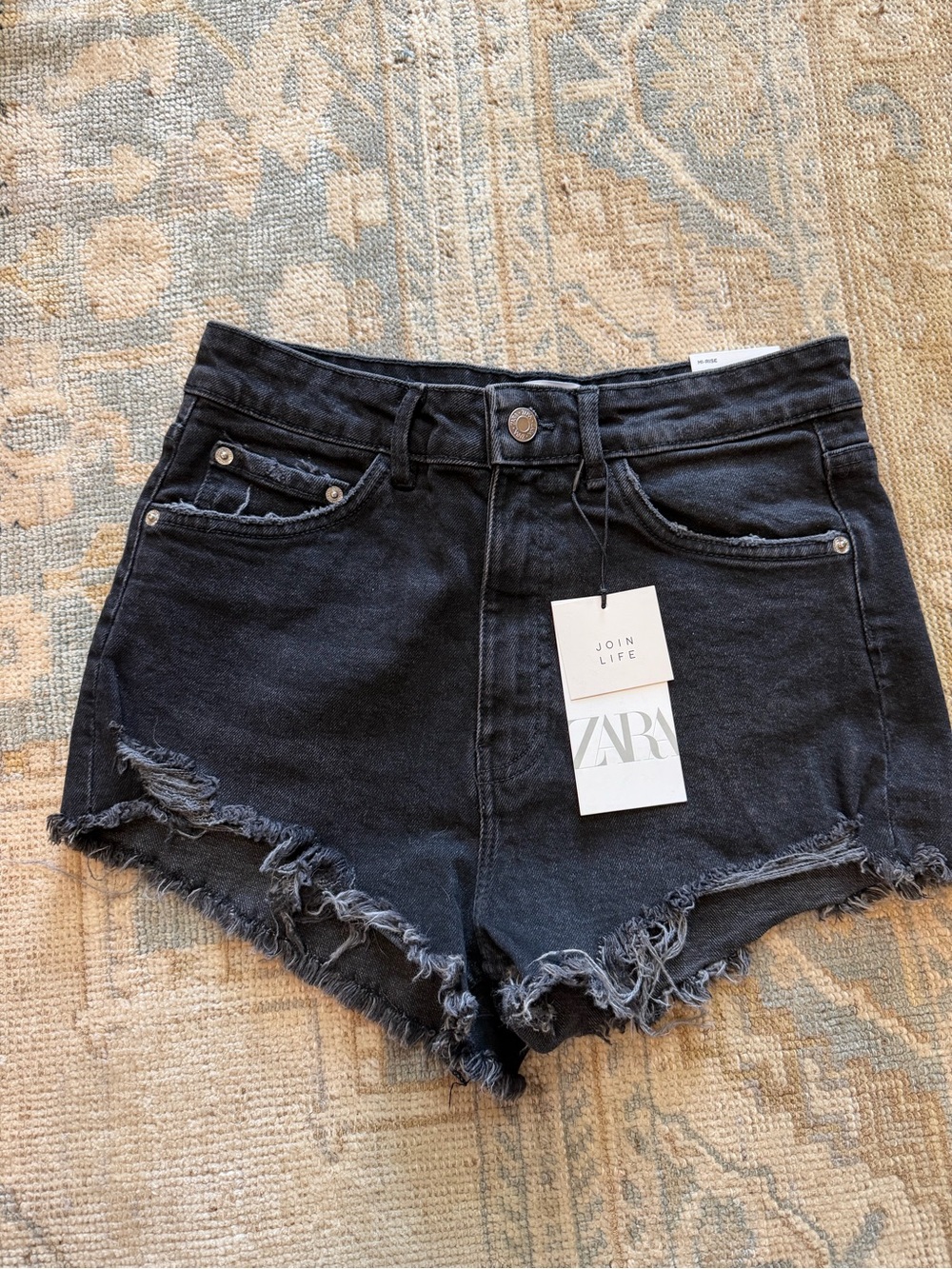 Zara Black High-Rise Frayed Hem Denim Shorts